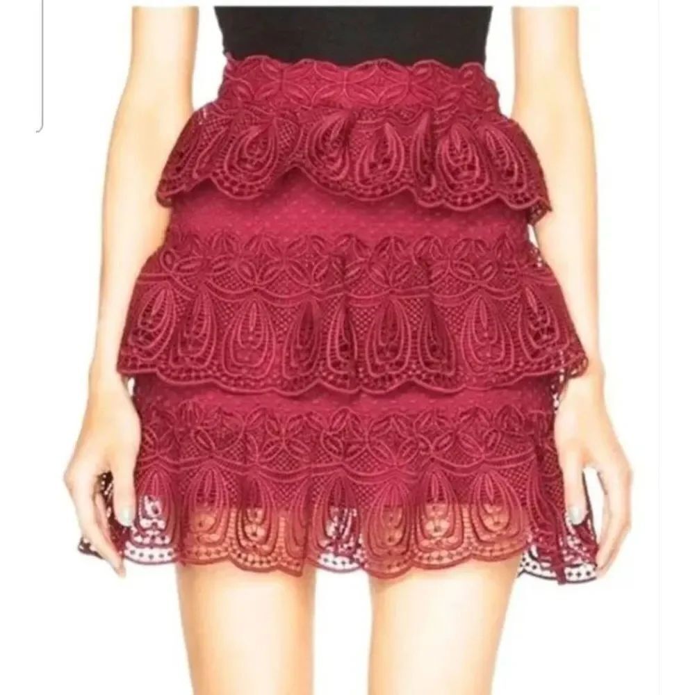 Self-Portrait  Burgundy Lace Tiered Ruffle Mini Skirt sz US 2
